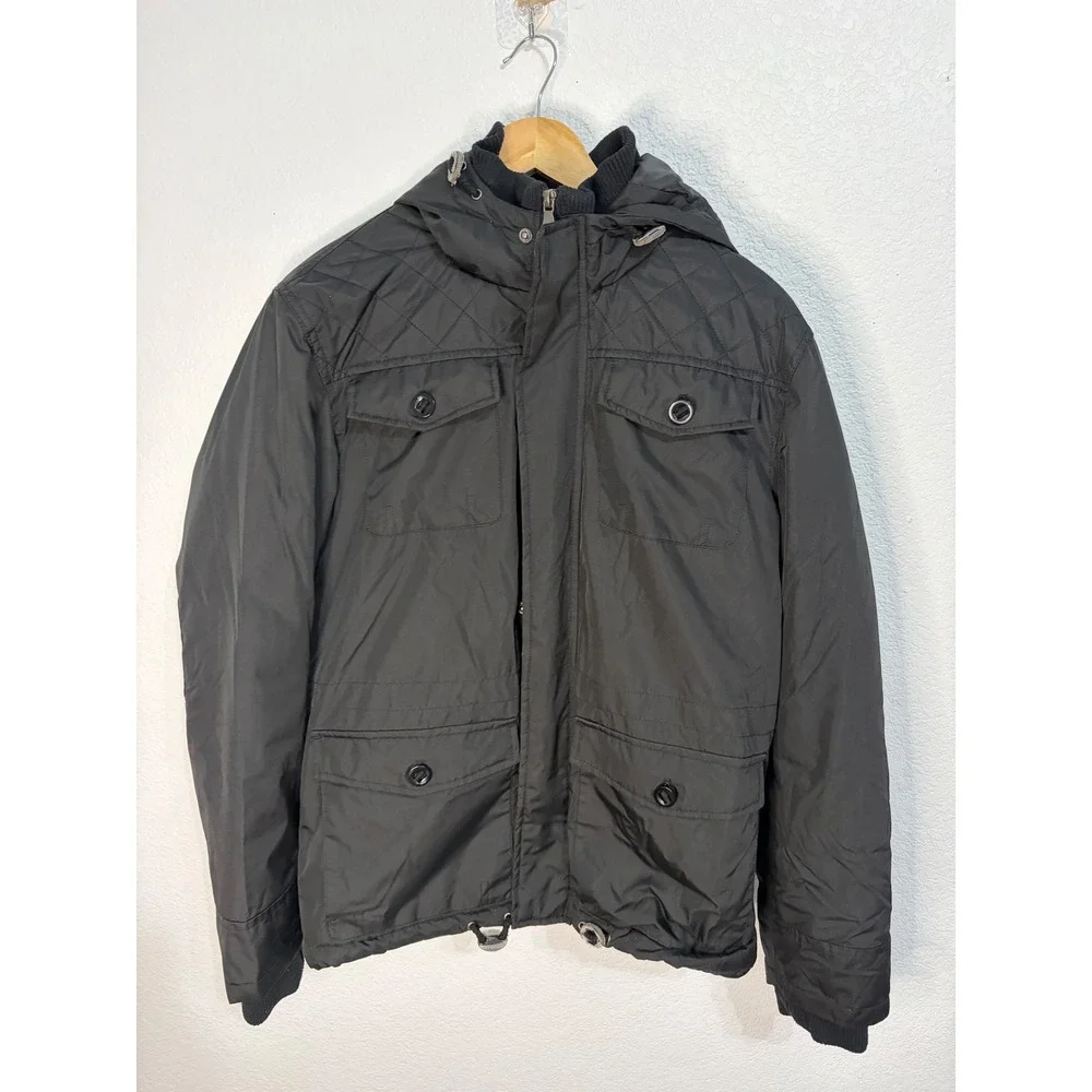 INC International Concepts Mens Hooded Field Jacket Black Quilted Utility M